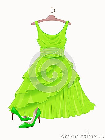 Vintage green silk dress and high-heeled shoes Vector Illustration